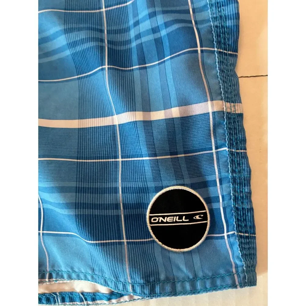 O’Neill Men’s Size 32 Blue Plaid Board Shorts Swim Trunks Cargo Pocket